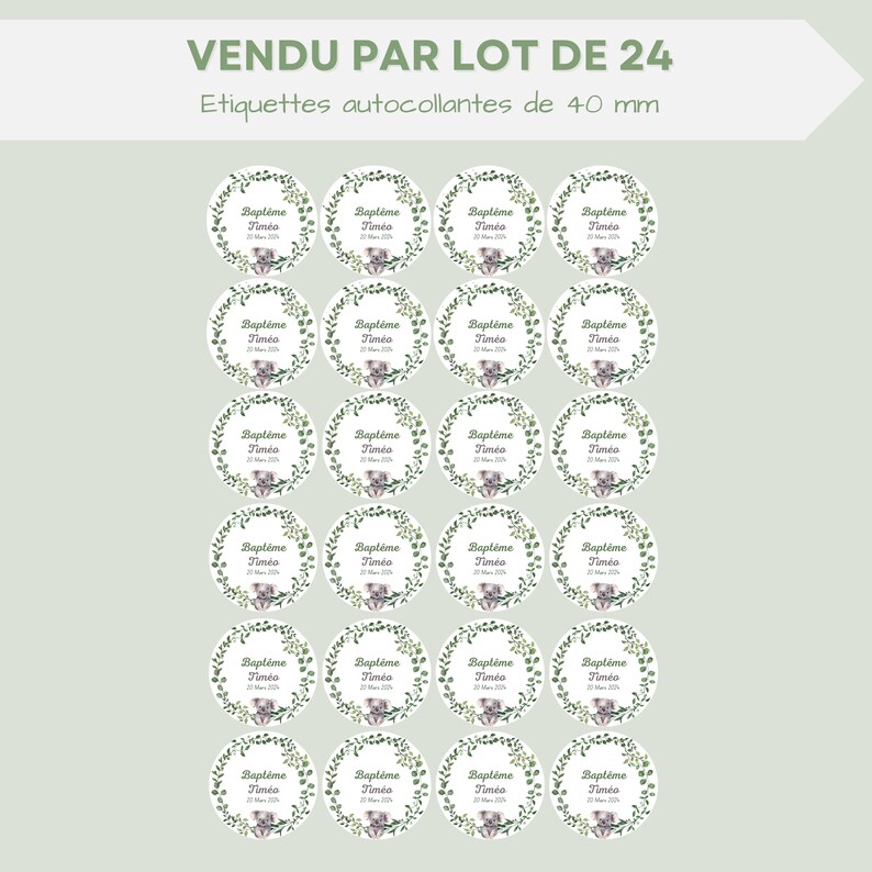 Etiquettes autocollantes personnalisées Baptême ronde 40mm Lot de 24 stickers personnalisés Baptême / Eucalyptus et feuilles vertes image 3