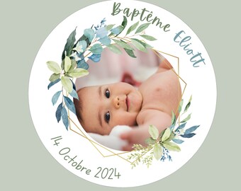 Personalized Baptism Photo sticker labels | round 40mm | personalized stickers Baptism / Wedding, Eucalyptus and green leaves