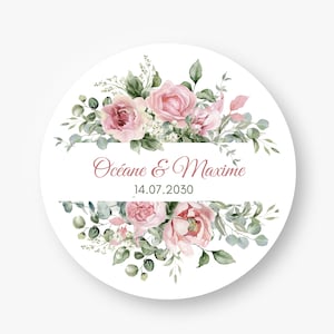 Étiquettes adhésives personnalisées Mariage, baptême, anniversaire ronde 4cm et 3cm | Stickers ronds Mariage eucalyptus et roses