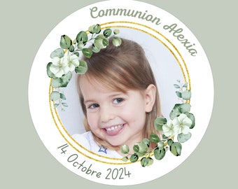 Personalized Baptism Photo sticker labels | round 40mm | personalized stickers Baptism / Wedding, Eucalyptus and green leaves