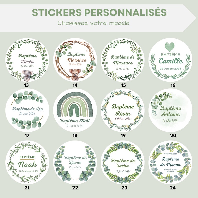 Etiquette autocollante personnalisée, stickers personnalisés baptême Vert Eucalyptus