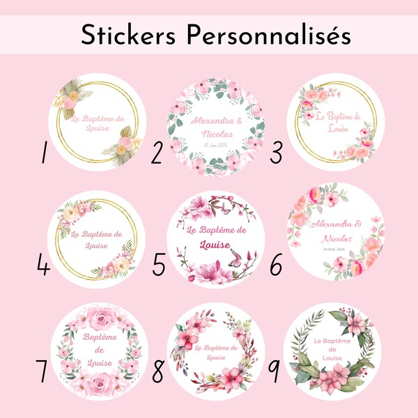 Etiquettes autocollantes personnalisées Mariage et Baptême | ronde 4cm  | Stickers personnalisés Fleurs roses