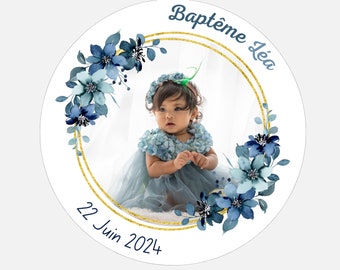 Personalized sticker labels Baptism, Birthday Photo | round 40mm | personalized stickers Baptism / Blue theme