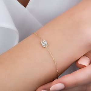 14K Solid Gold Baguette Bracelet, Gold Fine Jewelry, Dainty White Gold Bracelet, Bridesmaid Bracelet Gift, Rose Gold Bracelet