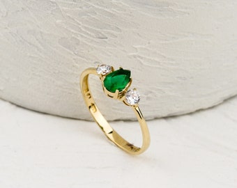 14K Solid Gold Emerald Ring, May Birthstone Ring for Mom, Gemstone Ring, Promise Ring for Her, Anniversary Ring, Gift for Girlfriend