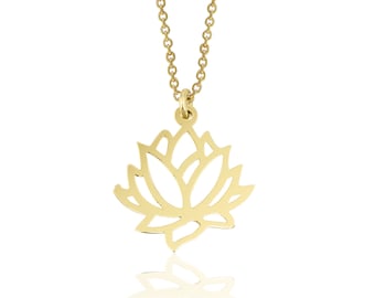 14K Solid Gold Lotus Necklace, Dainty Gold Necklace, Real Gold Flower Necklace, Simple Lotus Necklace, Tiny Everyday Necklace