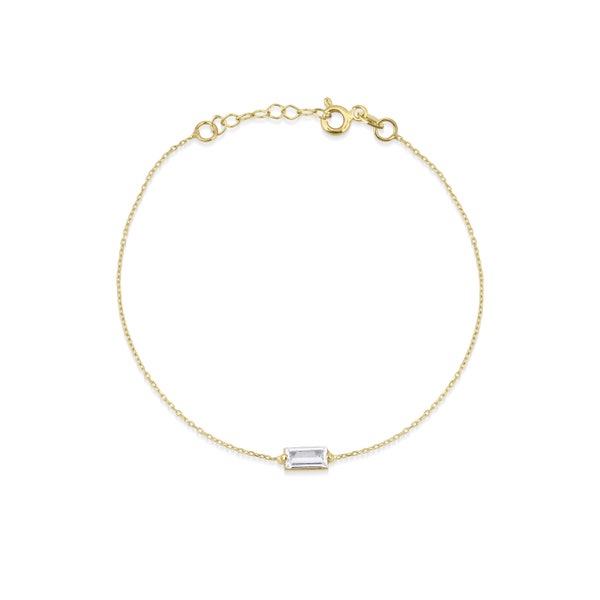 14K Solid Gold Dainty Baguette Diamond Bracelet with Chain, Minimalist Bracelet, White Gold Bracelet, Rose Gold Bracelet, Bracelet for Women