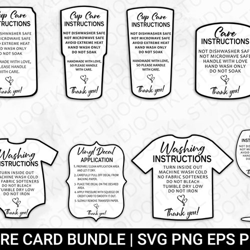 Care Card Bundle Printable Cup Care Instructions Vinyl Etsy