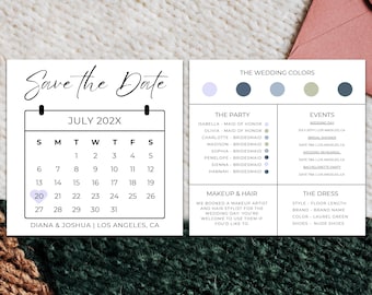 Editable Save The Date Card, Printable Bridesmaid Proposal Calendar Card, DIY Bridal Party Information Card, Modern, Canva Template