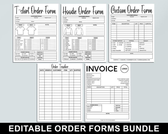 Editable Order Forms Bundle, Tshirt, Hoodie, Invoice Template, Editable Canva Template, Printable Small Business Forms, Custom Order Form