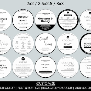 May include: A set of 12 black and white round candle labels with different sizes and designs. The labels feature the text "Coconut & Honey" and "Honey + Coconut" with variations in font style and size. The labels are customizable with text, text color, font, font size, background color, and logo/images.