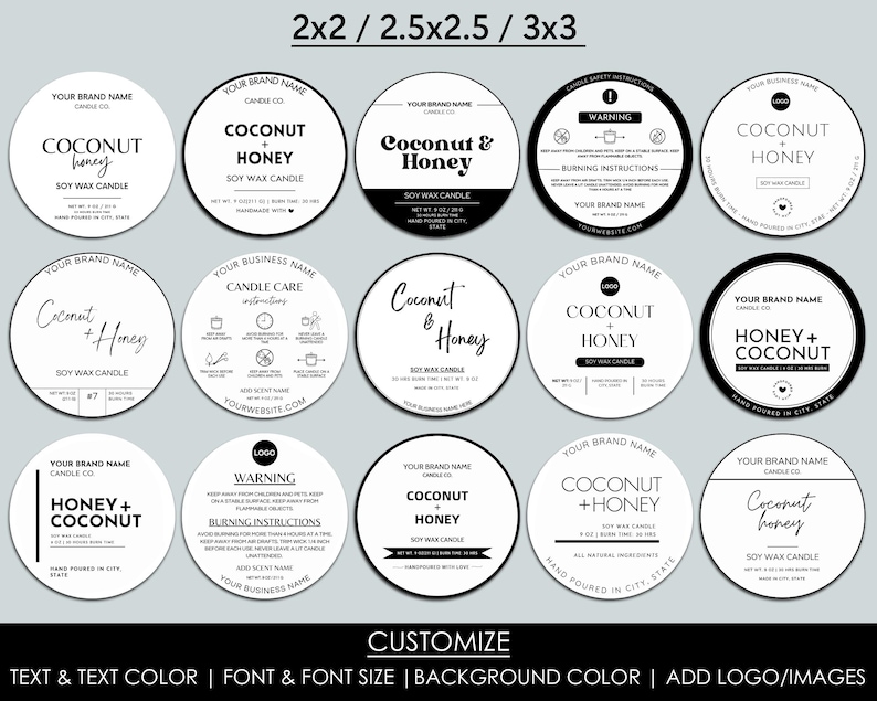 May include: A set of 12 black and white round candle labels with different sizes and designs. The labels feature the text "Coconut & Honey" and "Honey + Coconut" with variations in font style and size. The labels are customizable with text, text color, font, font size, background color, and logo/images.