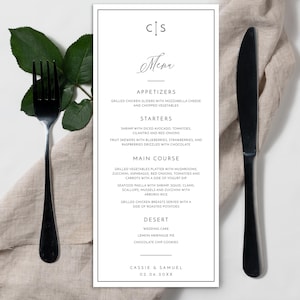 Szablon menu weselnego, edytowalne karty menu, minimalistyczne, nowoczesne, do druku, menu kolacji DIY, wysokie menu, menu weselne