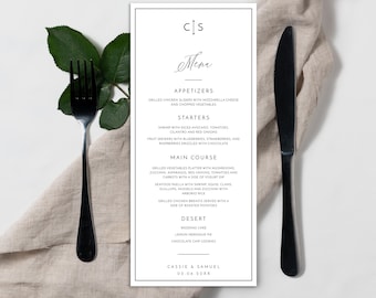 Modèle de menu de mariage, cartes de menu modifiables, minimaliste, moderne, imprimable, menu du dîner à faire soi-même, menu grand format, menus de mariage