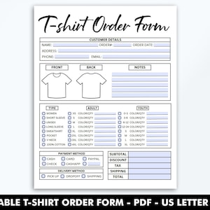 Fillable T-Shirt Order Form Template, Editable Shirt Order Form, PDF, Small Business Forms, Printable, Digital File, Instant Download