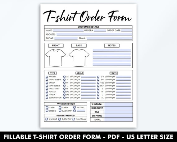 T Shirt Order Form Editable Templates