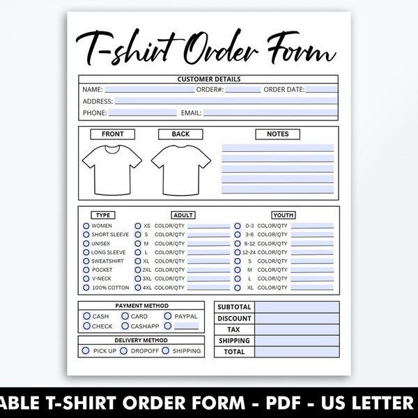 Fillable T-Shirt Order Form Template, Editable Shirt Order Form, PDF, Small Business Forms, Printable, Digital File, Instant Download