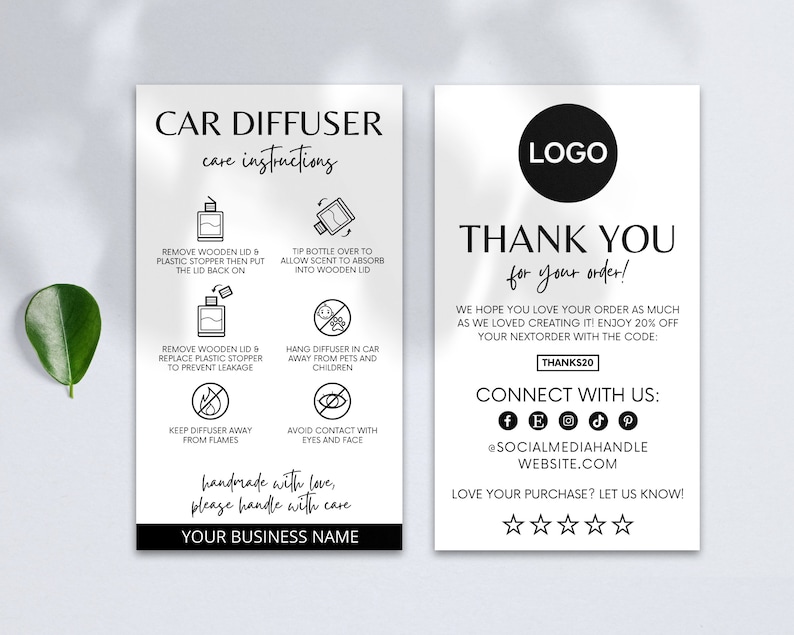 May include: Black and white instruction card for a car diffuser. The card includes instructions on how to use the diffuser, as well as safety tips. The card also includes a thank you message and information on how to connect with the business.