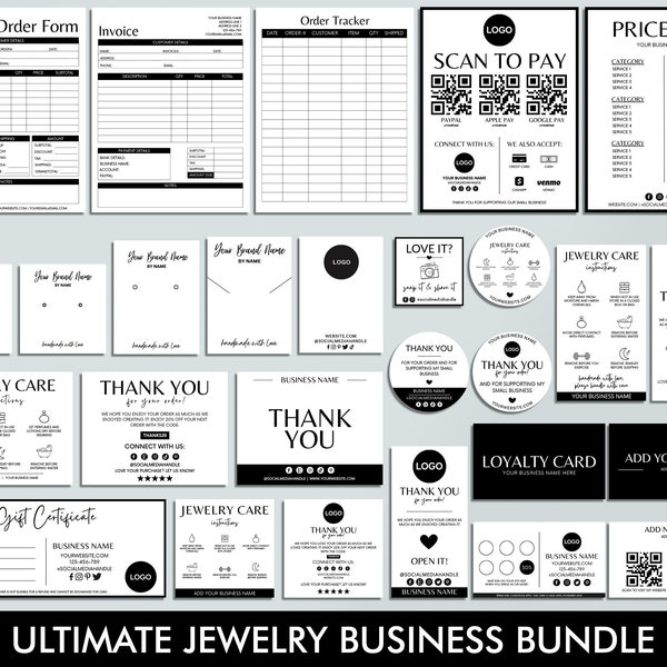 Bearbeitbares Schmuck Business Bundle, Pflegeanweisungen, druckbare Halskette Display Card, Bestellschein, Dankeskarten, Ohrringverpackungseinsätze