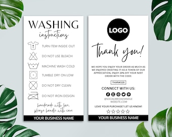 May include: Black and white thank you card with washing instructions for handmade items. The card includes a logo, social media icons, and the text "Thank you!" and "Love your purchase? Let us know!"