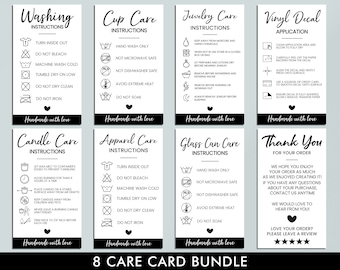 May include: A set of 8 black and white care cards with instructions for washing, cup care, jewelry care, vinyl decal application, candle care, apparel care, glass can care, and a thank you card. The cards have a black border and a heart at the bottom with the text "Handmade with love".