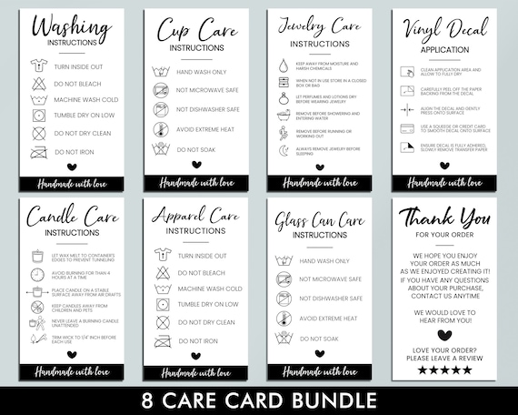 Printable Care Card Bundle, Cup Care Card, Glass Can, Shirt, Thank You Card, Washing Instructions, Small Business, PNG, Packaging Inserts