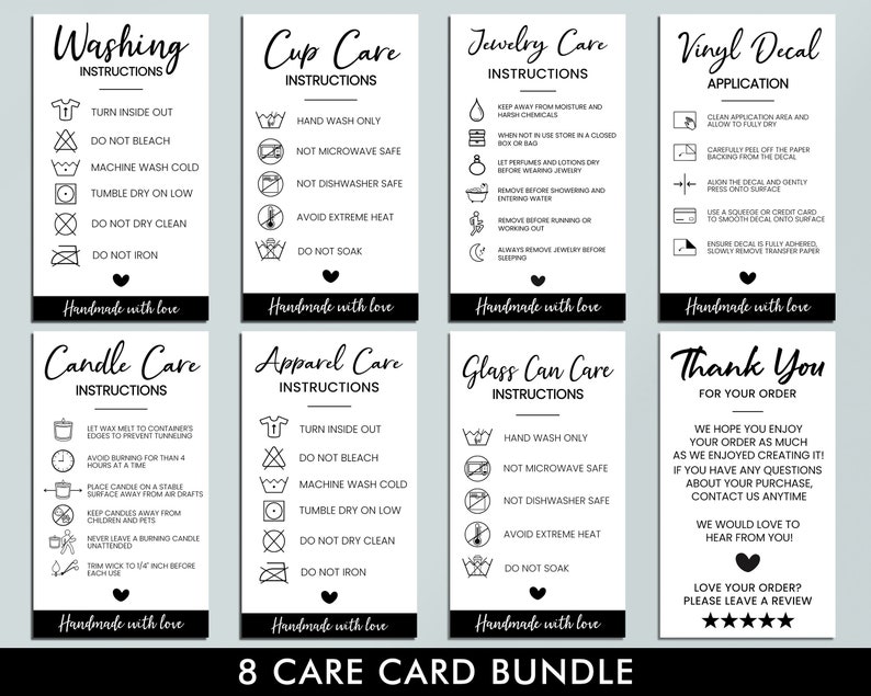Printable Care Card Bundle, Cup Care Card, Glass Can, Shirt, Thank You Card, Washing Instructions, Small Business, PNG, Packaging Inserts