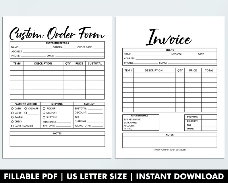 Fillable Order Forms Bundle, Tshirt, Tumbler, Editable Invoice Template, Printable Small Business Forms, Custom Order Form, Craft Order Form