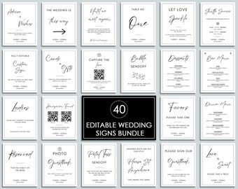 May include: A set of 40 editable wedding signs in a black and white design. The signs include various wedding-related information such as table numbers, directions, and a bar menu.