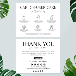 Cartão editável de cuidados com difusor de carro, guia de instruções de cuidados, cartão de agradecimento para impressão, pequenas empresas, folheto de embalagem, faça você mesmo, modelo Canva