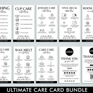 Bearbeitbares Pflegekarten-Bundle, druckbare Dankeskarte, Waschanleitung, Tasse, Schmuck, Kerze, Wachsschmelze, Canva-Vorlage, Verpackungseinsatz
