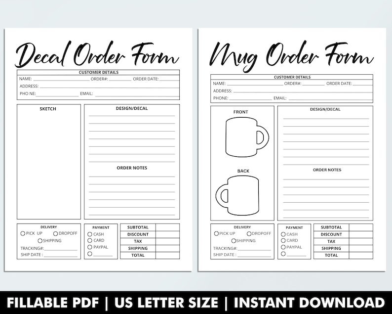 Fillable Order Forms Bundle, Tshirt, Tumbler, Editable Invoice Template, Printable Small Business Forms, Custom Order Form, Craft Order Form