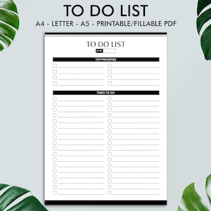 Printable To Do List, Simple Tasks List Template, Productivity Planner, Letter Size, A4, A5, Digital File, Instant Download, Fillable PDF