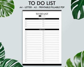Printable To Do List, Simple Tasks List Template, Productivity Planner, Letter Size, A4, A5, Digital File, Instant Download, Fillable PDF