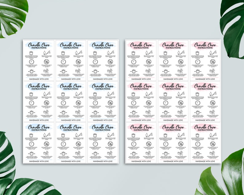 May include: A set of 18 printable candle care instructions cards. The cards are white with black text and illustrations. The cards have a pink, blue, or light blue watercolor background. The text on the cards reads "Candle Care Instructions" and includes instructions for burning candles safely.
