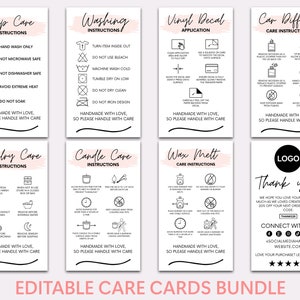 Care Card Bundle, Printable Cup Care Card, Editable Canva Template, Candle, Jewelry, Thank You Card, Small Business, Washing Instructions