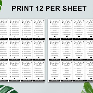 May include: A printable sheet with 12 black and white vinyl decal application instructions. The instructions include a list of steps and illustrations. The text reads "Vinyl Decal Application" and "Handmade with Love".