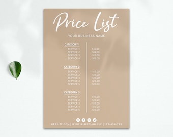 Editable Price List Template, Printable Pricing Sheet, DIY Price Guide, Beauty Salon, Custom Menu, Small Business Supplies