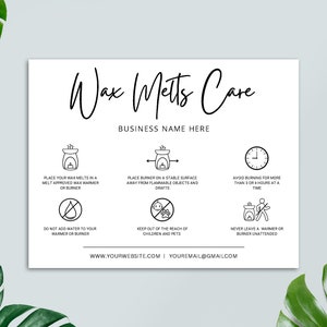 Wax Melts Care Card bewerkbare sjabloon, Wax Melt waarschuwingskaart, kleine zakelijke benodigdheden, Wax Melts veiligheidsinstructies kaart
