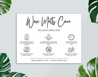 Wax Melts Care Card Editable Template, Wax Melt Warning Card, Small Business Supplies, Wax Melts Safety Instructions Card
