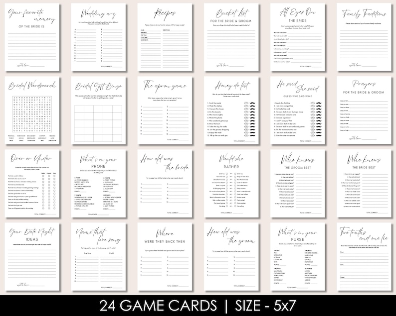 Bridal Shower Games Bundle, Modern Minimalist Bachelorette Party Games, Printable Bridal Shower Table Signs, Editable Canva Template