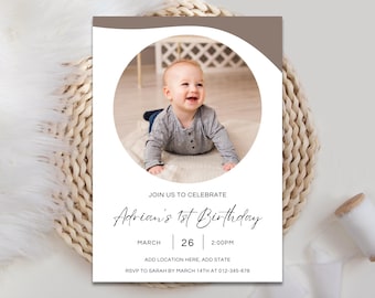 Editable 1st Birthday Photo Invitation Card, First Birthday Invite Template, Minimalist, Printable, Canva Template, Instant Download