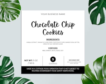 May include: Black and white label with the text "Chocolate Chip Cookies" and a list of ingredients and contains. The label also includes the net weight of 5 ounces or 141 grams, the number of cookies, and the text "Made in a cottage food operation that is not subject to routine government food safety inspections."