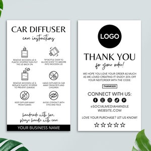 Scheda di cura del diffusore per auto modificabile, biglietto di ringraziamento stampabile, guida alle istruzioni per la cura, piccola impresa, inserto per imballaggio, modello Canva