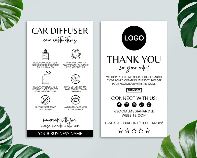 Editable Car Diffuser Care Card, Printable Thank You Card, Care Instructions Guide, Small Business, Packaging Insert, Canva Template