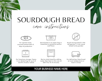 Puede incluir: Infografía en blanco y negro con instrucciones para almacenar pan de masa madre. La infografía incluye iconos para congelar, tostar y guardar el pan en una bolsa de papel. El texto dice "Pan de masa madre, instrucciones de cuidado".