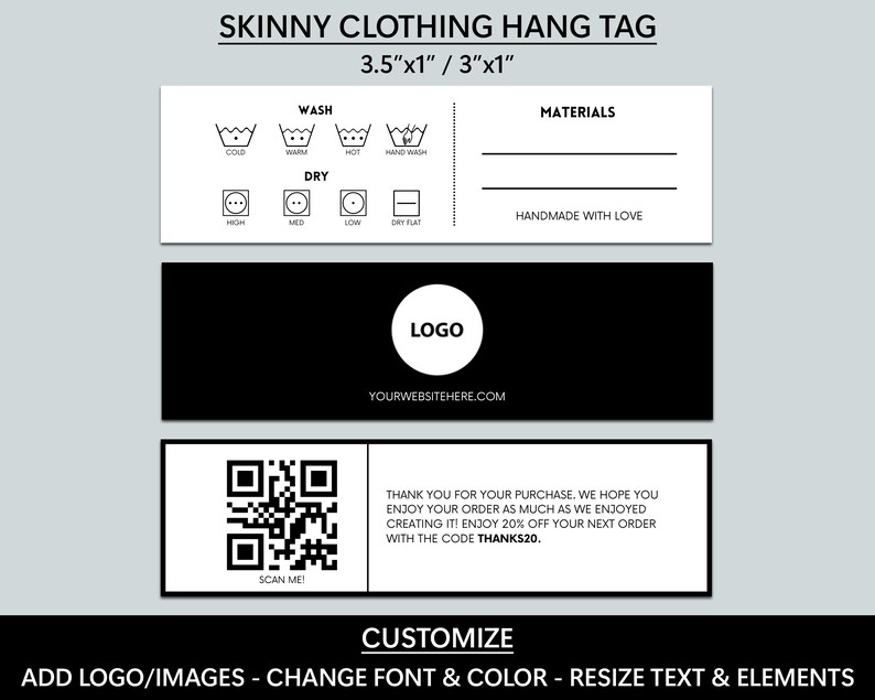 Tag Format 5 Inches Editable Skinny Hang Tags Bundle, Washing Instructions, Business Price ...