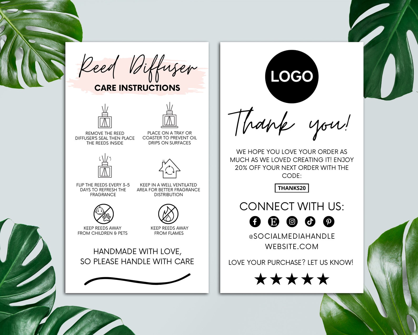 Thank You Reed Editable Reed Diffuser Care Card, Printable Thank You Card, Care ...