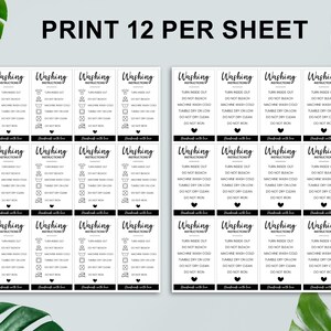 May include: A sheet of 12 printable washing instructions labels. Each label is black and white and features a set of laundry care symbols. The text on the labels reads "Washing Instructions" and "Handmade with love".