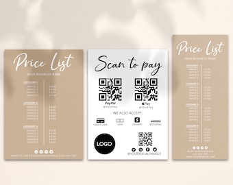 Op de afbeelding: Een beige en witte prijslijst met de tekst "Price List" en "Your Business Name". De lijst bevat categorieën en diensten met prijzen. Er zijn ook QR-codes voor PayPal en Apple Pay, en een logo.